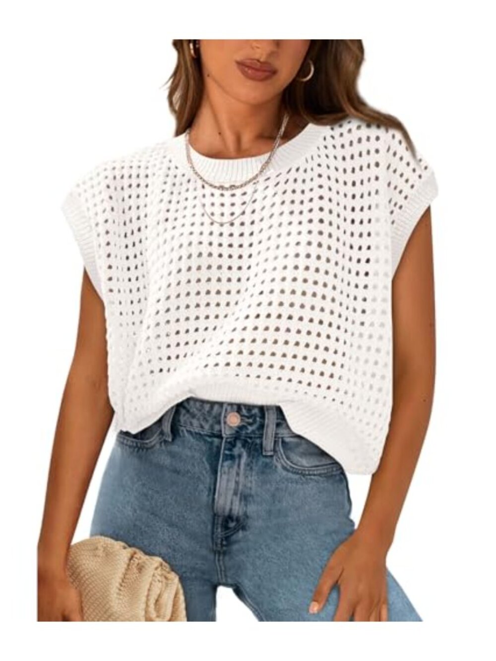 Women's Crochet Cap Sleeve Sweater Top Boho Hollow Out Crewneck Loose Knit